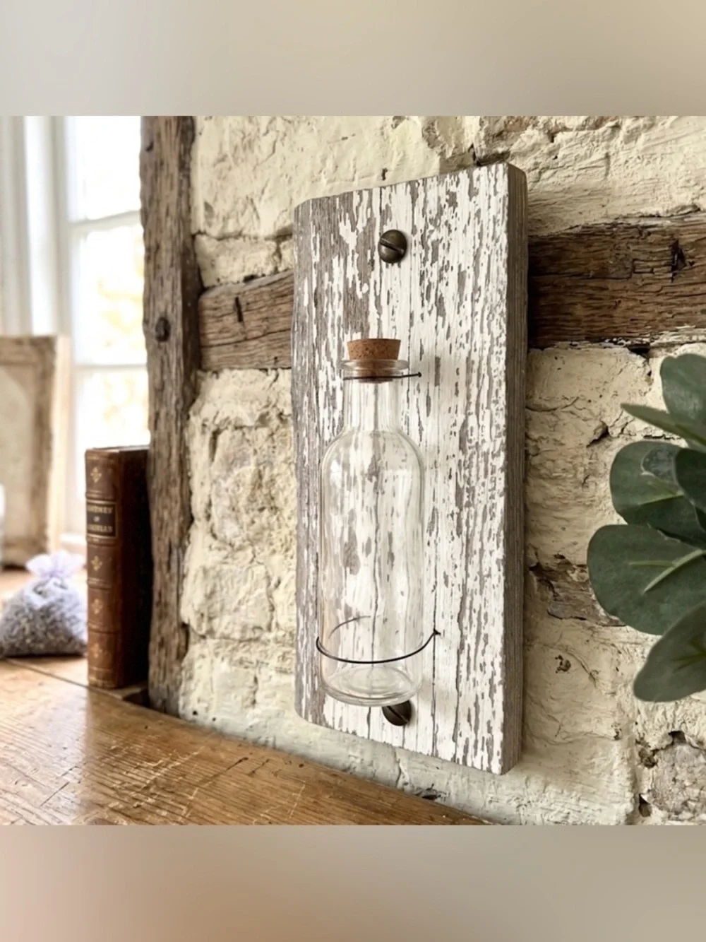 Reclaimed Wood Handmade Bottle on Wood Slice Wall Hanging Art Plant Propagation
